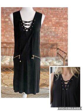 INC Tank Dress Black Microfiber Knit Lace Up Mini Sheath Bodycon M Edgy